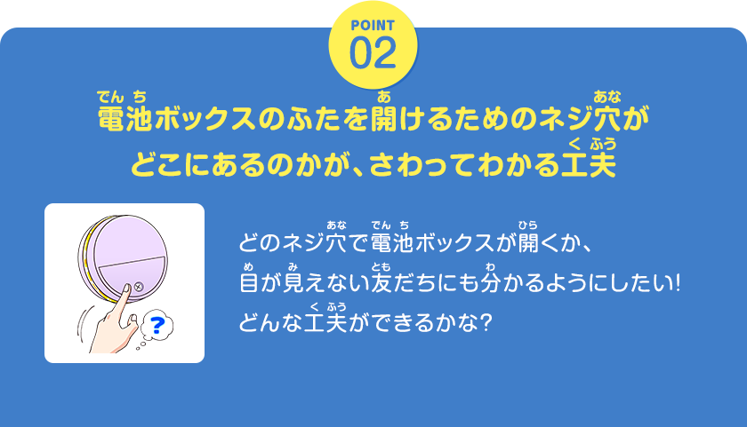 POINT02、電池ボックスのふたを開けるためのネジ穴がどこにあるのかが、さわってわかる工夫、どのネジ穴で電池ボックスが開くか、目が見えない友だちにも分かるようにしたい！どんな工夫ができるかな？、クリックしてみよう！