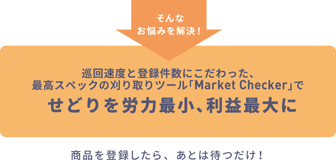 そんなお悩みを解決！巡回速度と登録件数にこだわった、最高スペックの刈り取りツール「Market Checker」でせどりを労力最小、利益最大に 商品を登録したら、あとは待つだけ！